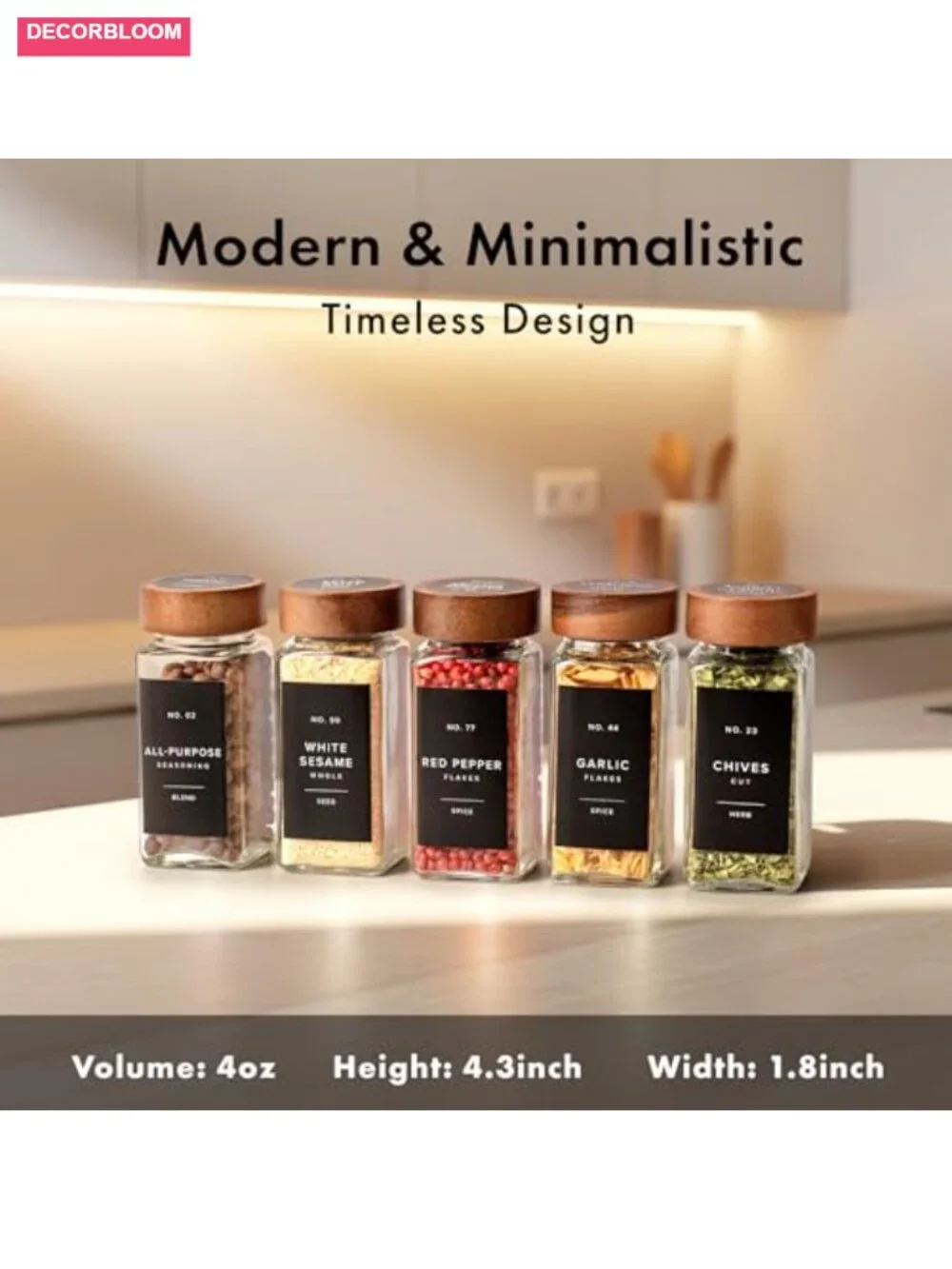 Square Spice Jars with Acacia Wooden Lids - Pack of 24 with Shaker Insert